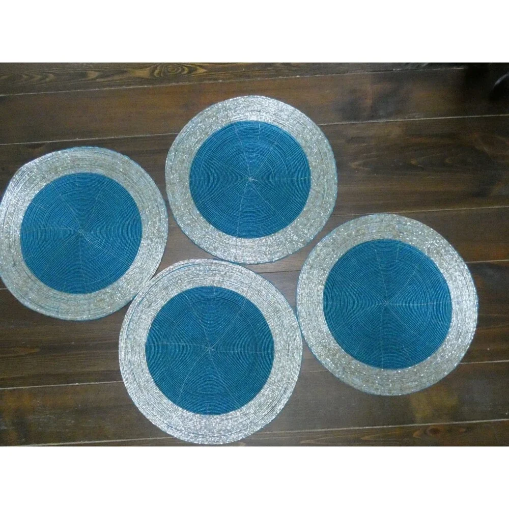 Handmade Heavily Beaded Charger Round Placemats Silver & Teal 13